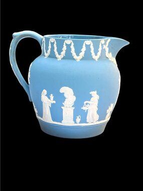 Wedgwood Blue Jasperware Pitcher With White Relief Design Neoclassical Style
